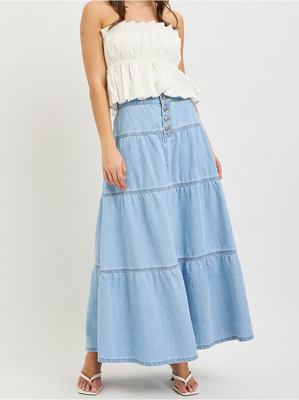 🩵Hello Gorgeous! RISEN High Rise Ruffle Denim Maxi Skirt- Lt. Blue